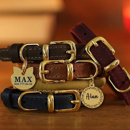 Rolled Leather Dog Collar With Personalized Dog ID Tag Custom Etsy