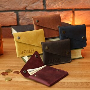 Monedero de cuero personalizado para monedas y tarjetas, cartera monograma, carteras unisex para hombres y mujeres, cómoda cartera delgada con personalización