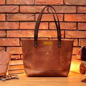 Leather Tote Bag, Personalized Leather Tote Bag with Zipper and Pockets Option, Custom Leather Handbag for Women, Shopper Bag for Her or Him