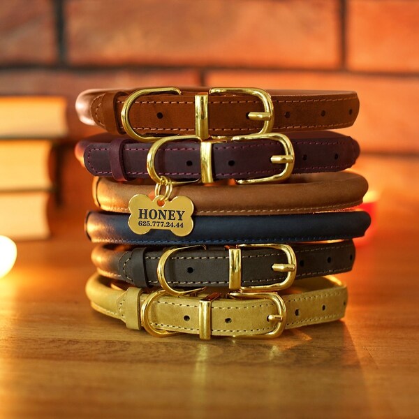 Rolled Leather Dog Collar Etsy