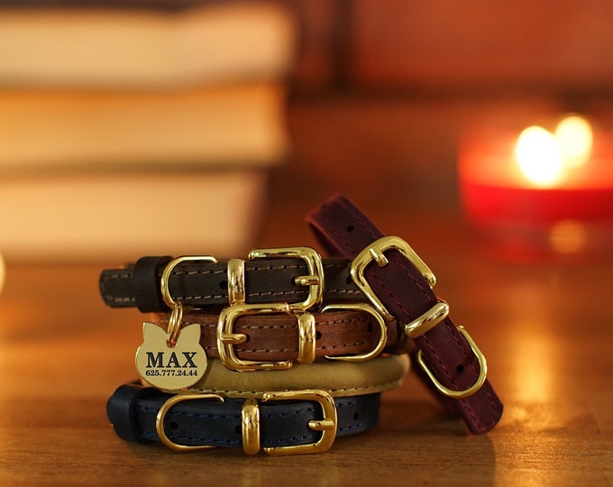 Rolled Leather Cat Collar With Engraved ID Tag Personalized Etsy