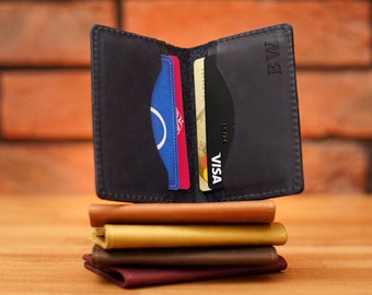 Porte-cartes de crédit pliable en cuir avec personnalisation, porte-cartes de visite à monogramme, portefeuille avec poche frontale pour cartes de visite
