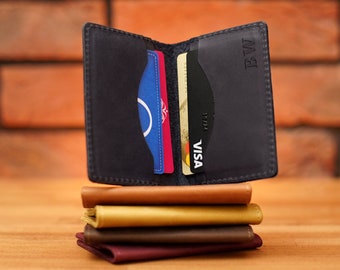 Foldable Leather Credit Cards Case with Personalization, Monogrammed Business Card Holder, Front Pocket Wallet for Business Cards