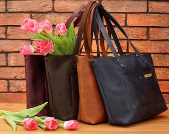 4 Color Options for Leather Tote Bags, Standard and Large Sizes Leather Shopper Bags, Customized Leather Shoulder Bag with Personalization