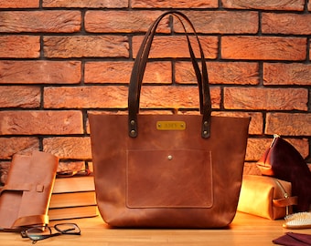 Leather Tote Bag, Personalized Leather Tote Bag with Zipper and Pockets Option, Custom Leather Handbag for Women, Shopper Bag for Her or Him