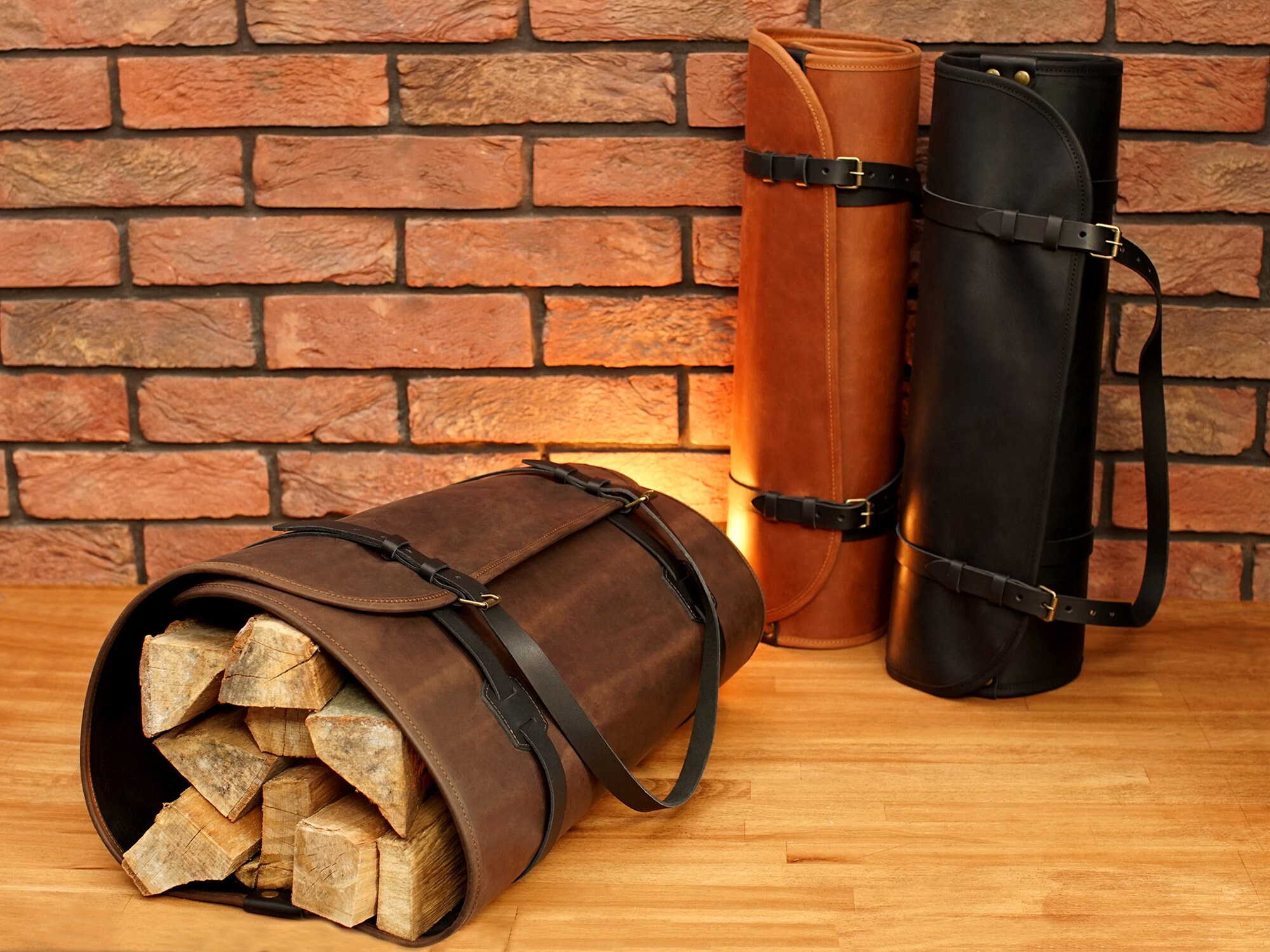 Leather Log Carrier With Personalization Custom Firewood Etsy