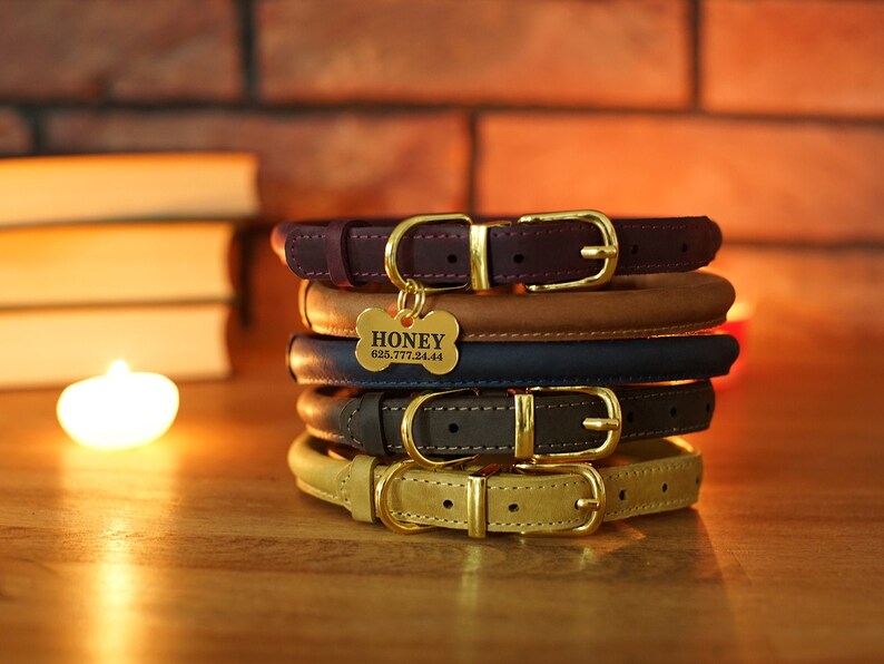 Rolled Leather Dog Collar with Personalized Dog ID Tag Custom Etsy