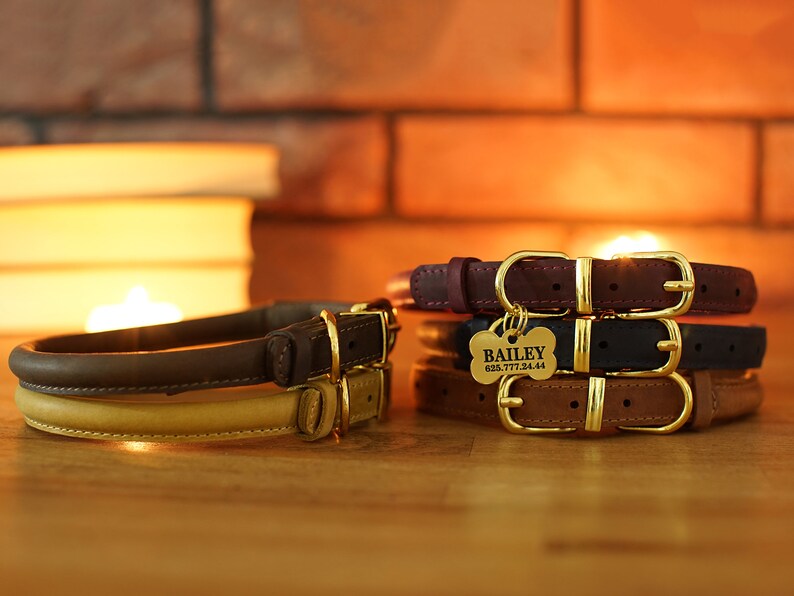 Rolled Leather Dog Collar with Personalized Dog ID Tag Custom Etsy