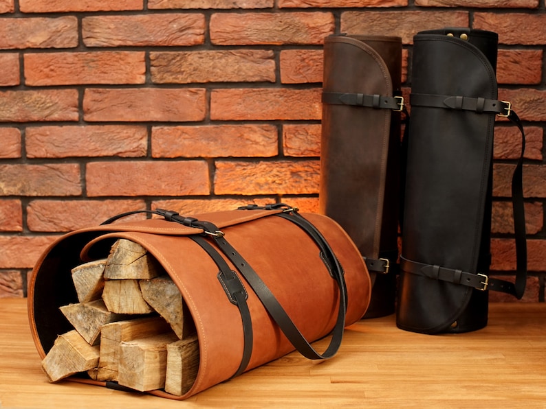 Leather Log Carrier With Personalization Custom Firewood Etsy