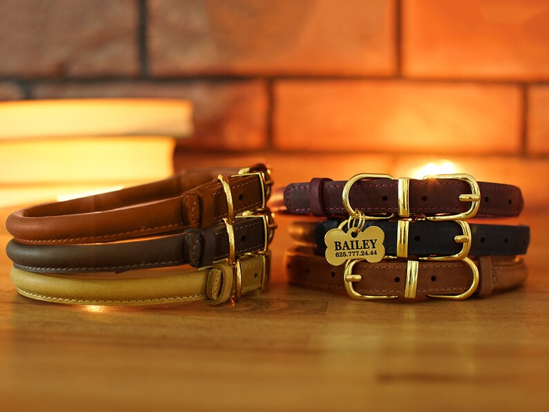 Rolled Leather Dog Collar With Personalized Dog ID Tag Custom Etsy
