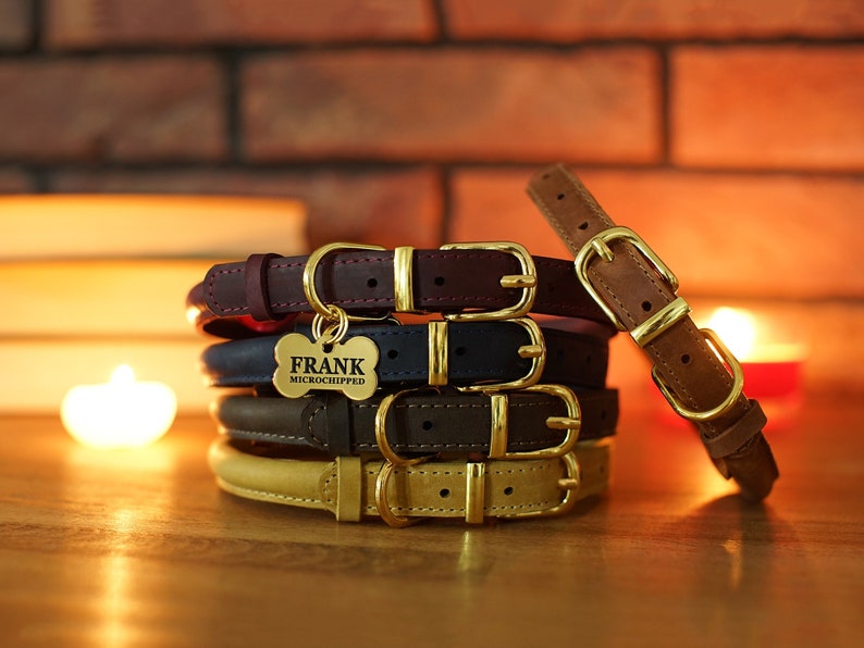 Rolled Leather Dog Collar With Personalized Dog ID Tag Custom Etsy