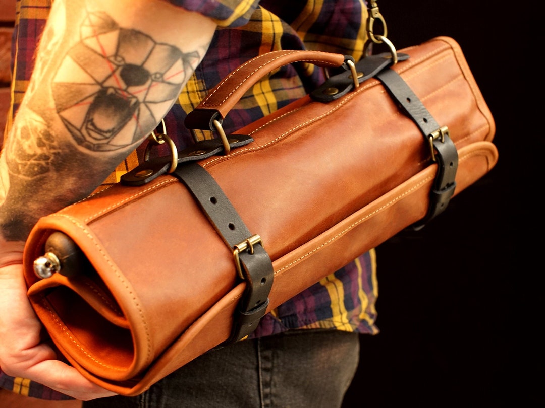 Personalized Leather Knife Roll Bag With Zipper Pocket, Leather Chef