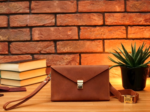 Personalized Leather Envelope Bag, Converts from Waist Bag to Wristlet Purse, Custom Belt Bag with Engraving, Convertible Clutch Purse