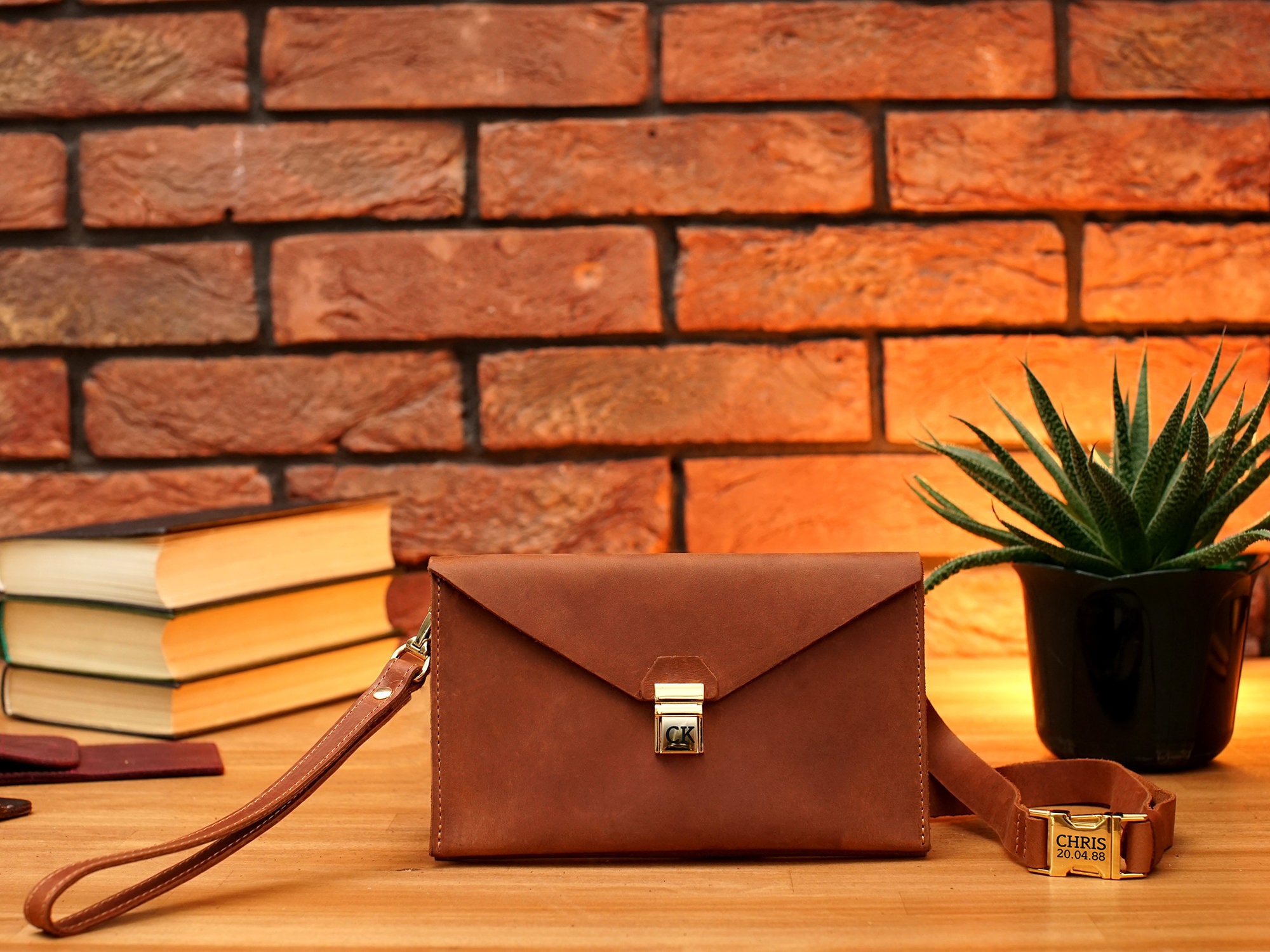 Personalized Leather Envelope Bag, Converts from Waist Bag to Wristlet Purse, Custom Belt Bag with Engraving, Convertible Clutch Purse
