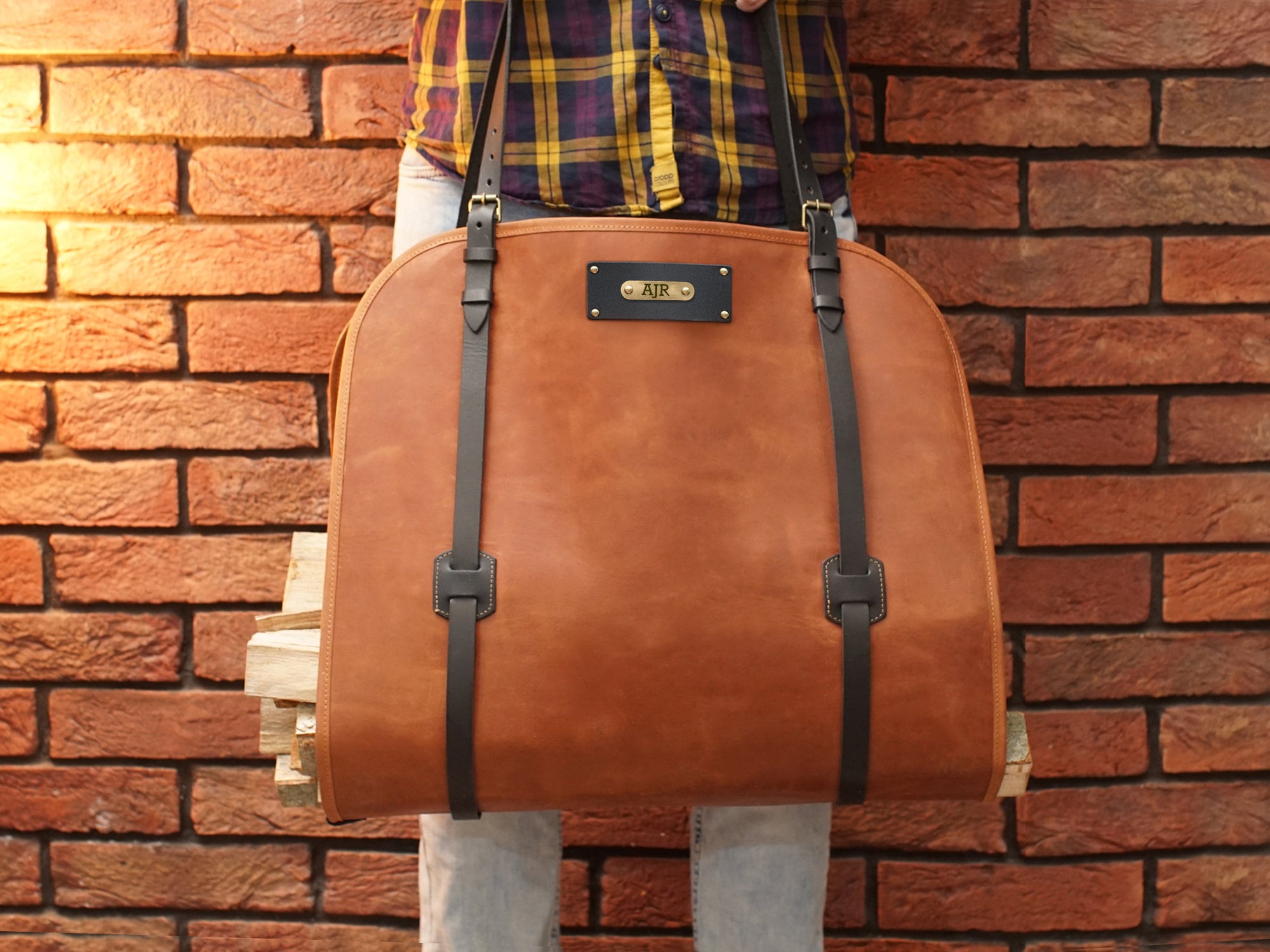 Leather Log Carrier With Personalization Custom Firewood Etsy