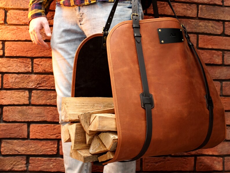 Leather Log Carrier With Personalization Custom Firewood Etsy