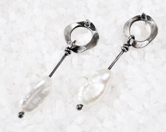 White raw pearl earrings, oxidized rustic organic silver, small elegant earrings