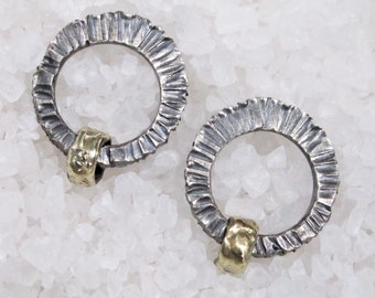 Rustic silver earrings hammered molten gold, Minimal discreet hoop earrings, gold insert earrings, earrings O ring