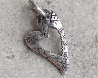 Brutalist scratched oxidized silver heart pendant, minimal pendant, romantic charm, gift for her