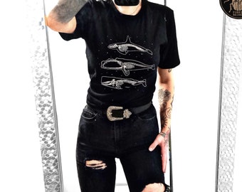 Wale Skelette T-Shirt | Oceancore Ozean tshirts Wal Meeresbiologie nautisches Shirt Piratecore Goth Meer Hexe Meer Leben ästhetische Kleidung