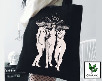 Mushroom Trip ORGANIC Tote Bag | Witchy aesthetic totes gift goblincore art trippy alt witchcore dark academia alternative soft goth clothes