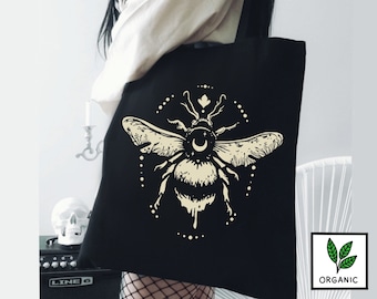 The Queen Bumble Bee ORGANIC Tote Bag | Witchy aesthetic totes gift idea for witches alt witchcore dark academia honey bee botanical insect