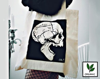 Sac fourre-tout en coton bio Tête de mort qui rit | Sérigraphie à la main
