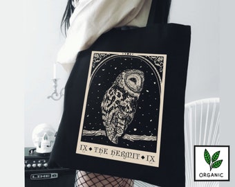 Tarot Owl ORGANIC Canvas Tote Bag | Gothic Alt celestial barn owl shopping grocery school book bags goblincore stuff alternative clothing