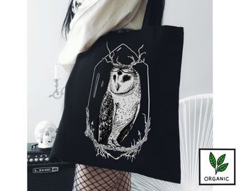 Sac fourre-tout en coton bio Hibou troyede | Illustration de l'effraie des cloches sorcière