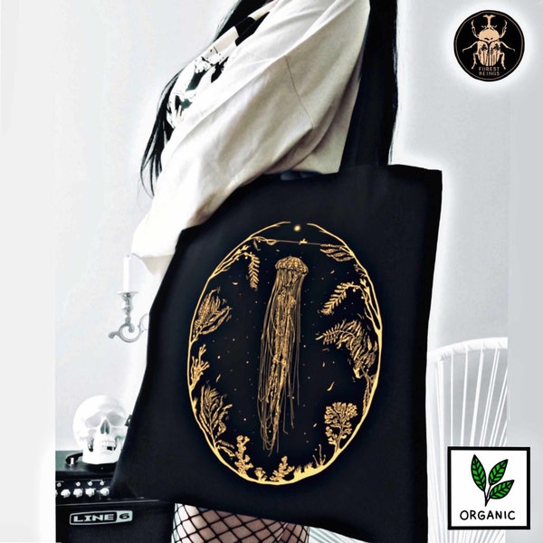 The Golden Qualle Goth BIO Canvas Tragetasche | Gothic Einkaufsladen Kaufmannsladen Schulbuch Taschen WitchCore GoblinCore Sachen Alternativkleidung