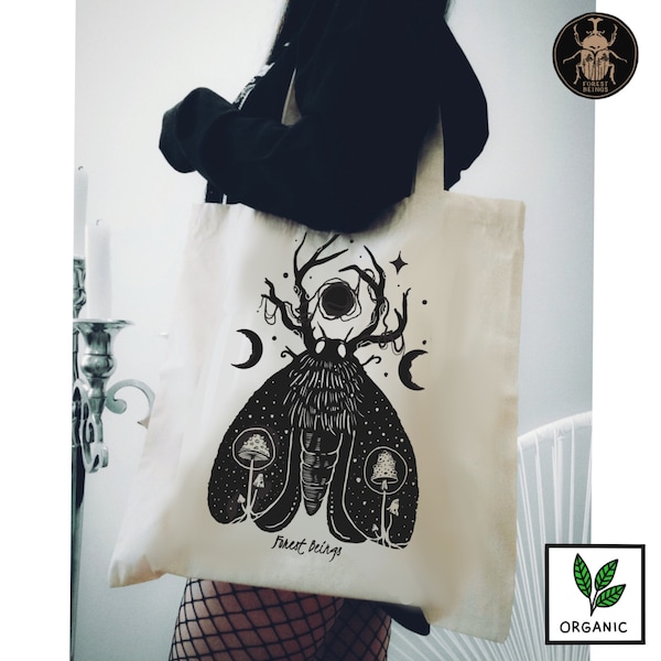 Lunar Moth BIO Gothic Tragetasche | Goblincore Kleidung Canvas beige lässig Hexenoutfit ästhetisch gothic Einkaufen Einkaufen Schule Buch Taschen