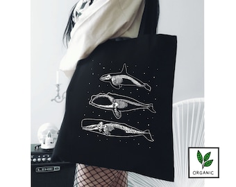 Whales Skeletons ORGANIC Tote Bag | Orca Killer Whale Southern Right Whale and Sperm whale print siren aesthetic mermaid nautical sea ocean