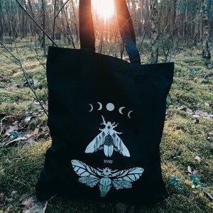 Deaths Head Moth Tote Bag Aesthetic | Gothic lunar phase moon tarot dark academia grunge fairycore witchy occult pagan eco friendly totes