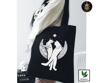 Sac fourre-tout en coton bio Chats lunaires | Oeuvres d'art gothiques sorcières sérigraphiées à la main