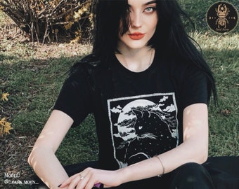 -shirt chat Schrödinger sorcière | Vêtements alternatifs Esthétique Witchcore Doux Nu-goth Grunge Dark mori kei Cat cadeaux tarot cottagegore tee