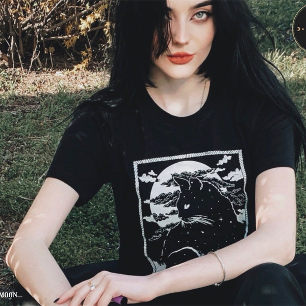 Witchy Schrodinger Cat T-shirt | Alternative Clothing Aesthetic Witchcore Soft Nu-goth Grunge Dark mori kei Cat gifts tarot cottagegore tee
