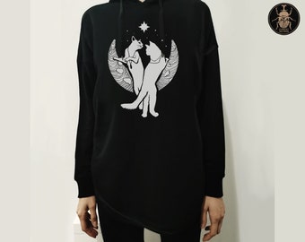 Sweat à capuche en coton Lunar Cats | Sérigraphie gothique sorcière