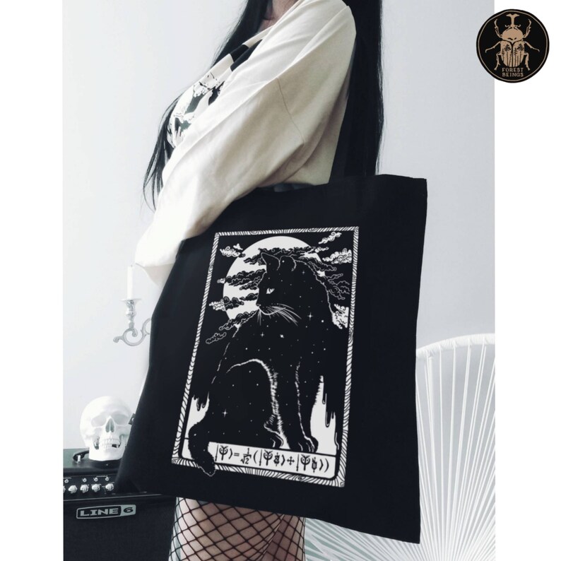 Aesthetic Cat Tote Bag | Witch schrodinger cat themed gift Large canvas organic cotton trendy cute gothic bag for laptop shopping school 