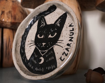 Handmade Custom Name Cat Bowl | Aesthetic art witchy cat feeding plate cats lover gift idea witchcraft black cat goth gothic personalized