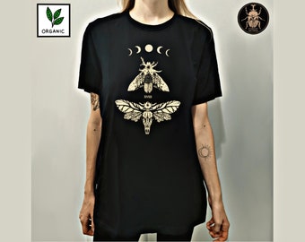 T-shirt en coton biologique papillon de nuit | T-shirt gothique Phase lunaire