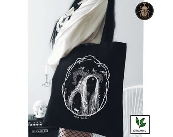 Forest Witch ORGANIC Gothic Tote Bag perfect for grocery and book shopping | witchy horns cottagecore mushroom swedish fairycore grunge alt