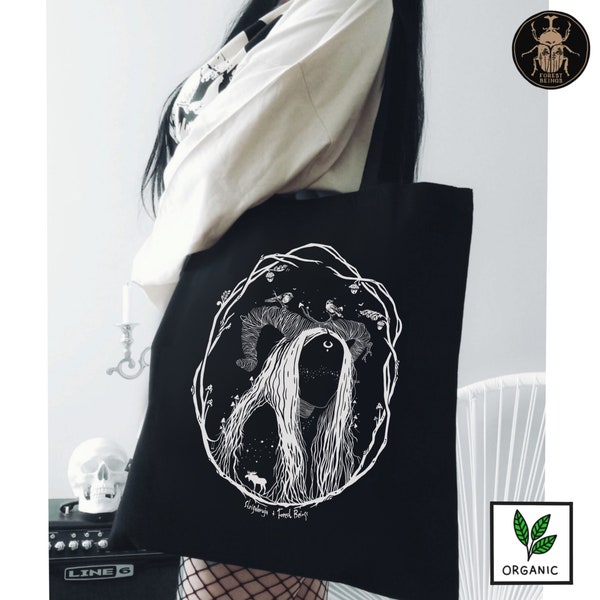 Forest Witch ORGANIC Gothic Tote Bag perfect for grocery and book shopping | witchy horns cottagecore mushroom swedish fairycore grunge alt