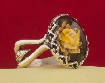 Baltic Amber Rose Cameo Silver Women Ring, Specialday Gift for Her, Women Amber Stone Ring ,Birthday Gifts for Her, Natural Baltic Amber
