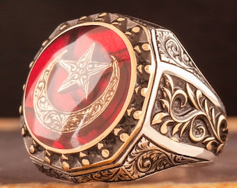 Crescent And Star Sterling Silver Ring - Engraving Ivy Model Men Ring, Carved Man Ring,  Red Gemstone Ring,  Men Jewelry Gift, Ivy Patterns