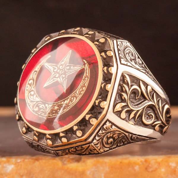 Crescent And Star Sterling Silver Ring - Engraving Ivy Model Men Ring, Carved Man Ring,  Red Gemstone Ring,  Men Jewelry Gift, Ivy Patterns