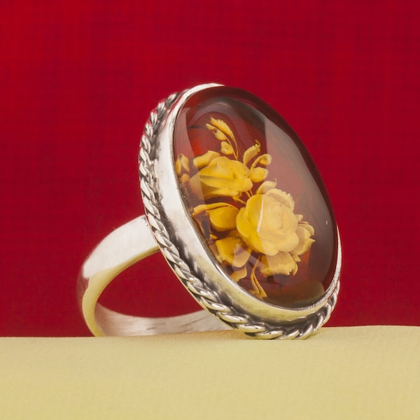 Handmade Natural Fossil Baltic Amber Cameo Carved Rose Silver Women Ring, Valentine's Day Gift for Her, Women Anniversary Gift, Gift for Mom