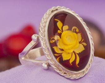 Baltic Amber Intaglio Rose Silver Women Ring, 1st Anniversary Gift for Her,  Amber İntaglio, Baltic Amber Women Ring, Fossil Amber Ring
