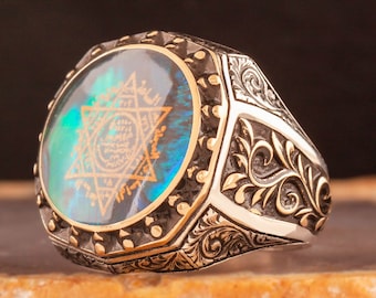Handmade Unique Sterling Silver Scraping Seal Of Solomon on Abalone Gemstone Engraving Man Ring, Arabic Talisman Ring, Blue Abalone Shell