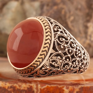 Man Handmade Ring, Round Red Agate Stone Ring, Turkish Handmade Ring, Ottoman Style Ring, 925k Sterling Silver Ring, Gift For Him