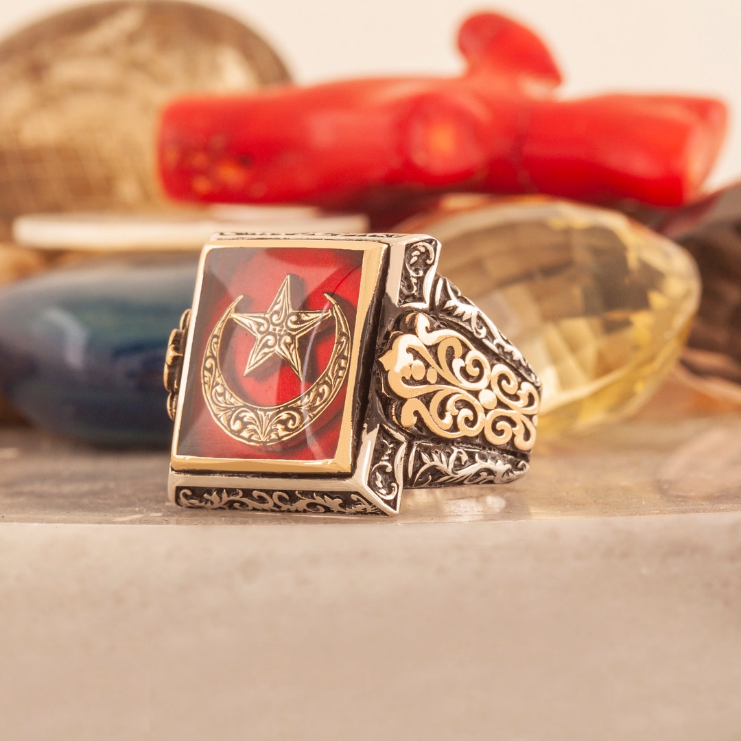 Crescent Star Silver Men Ring, Turkish Style Silver Jewelry